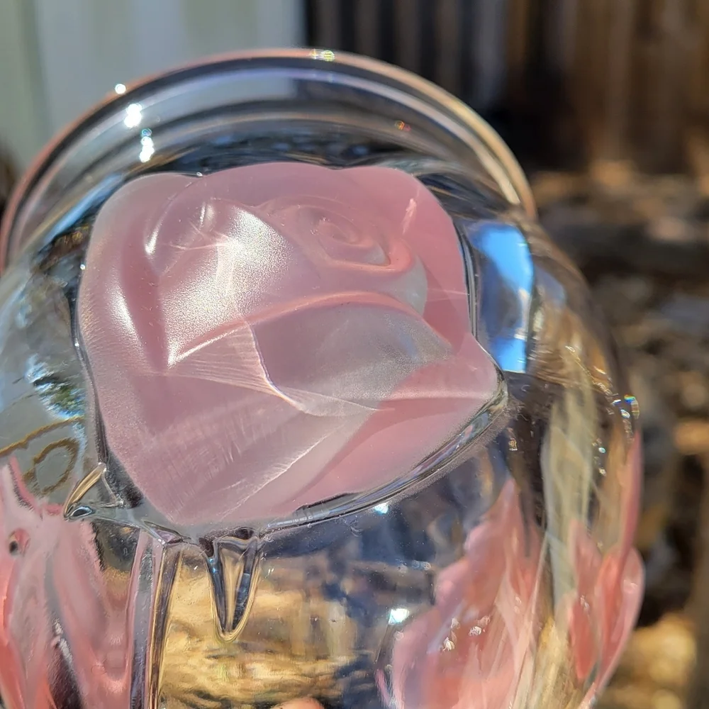 Vintage Teleflora Three Frosted Raised Pink Roses Low Crystal Glass Flower